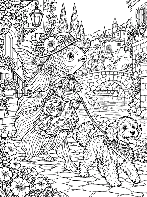 Detailed Goldfish walking a dog coloring page