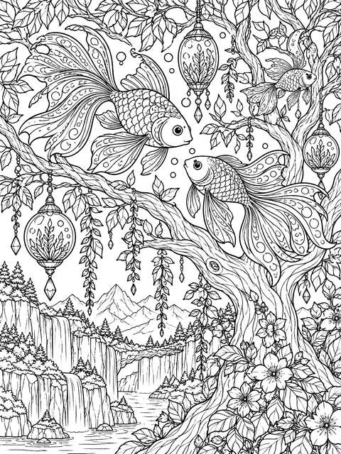 Detailed Fish in a tree upside-down world coloring page