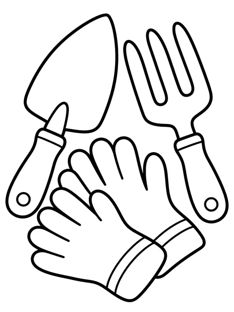 Easy Trowel, hand fork and gloves coloring page