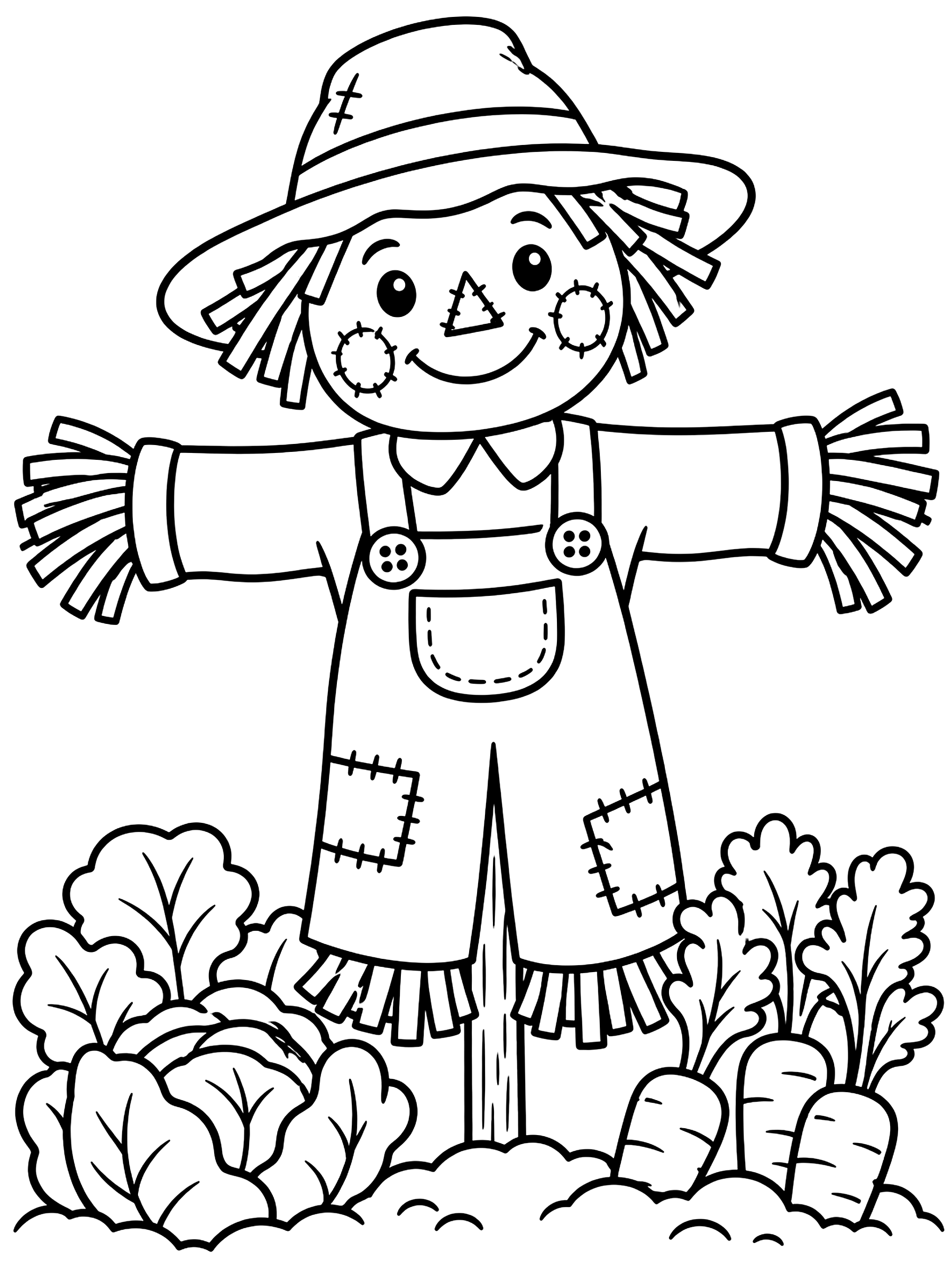 Easy Smiling scarecrow in the vegetable patch coloring page