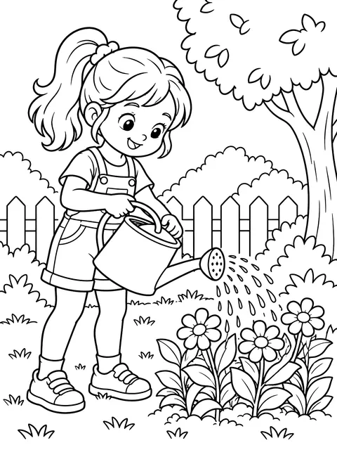 Child watering plants coloring page