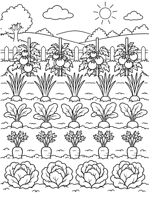 Vegetable patch in neat rows coloring page
