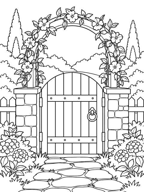 Garden gate with an arch coloring page