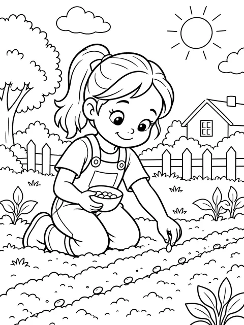 Child planting seeds in a row coloring page