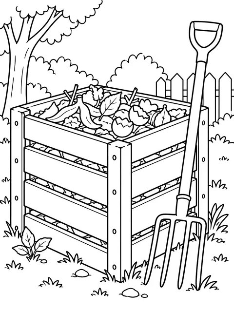 Compost bin and a pitchfork coloring page