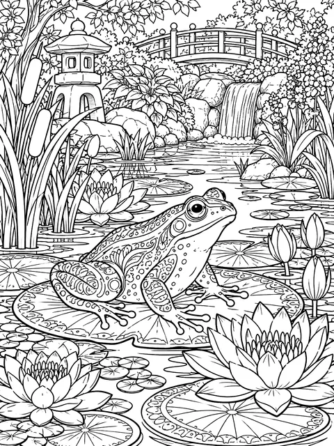 Detailed Garden pond with lily pads and a frog coloring page
