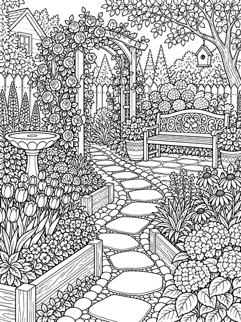 Detailed Backyard garden with beds, a path and a bench coloring page