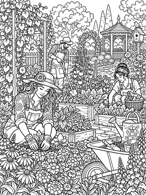 Detailed Community garden with gardeners at work coloring page