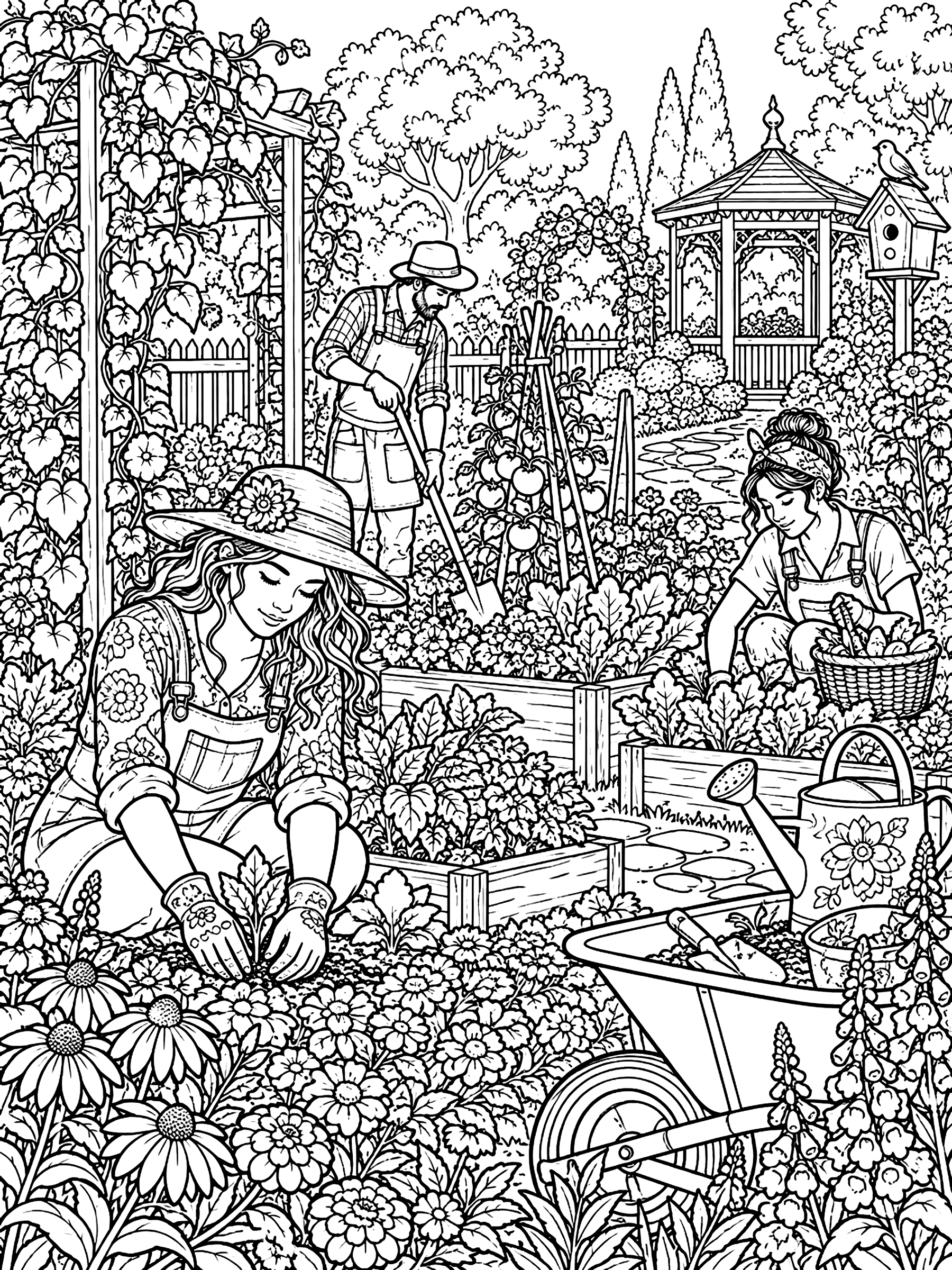 Detailed Community garden with gardeners at work coloring page