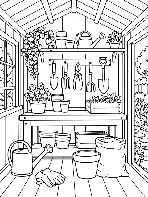 Potting shed with tools on the wall coloring page