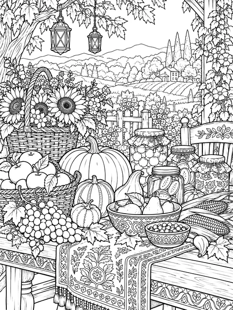 Detailed Harvest table with baskets and jars coloring page