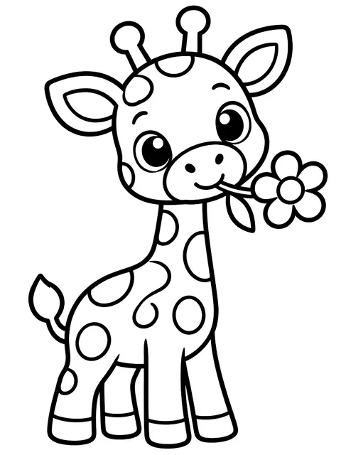 Easy Baby giraffe with a flower coloring page