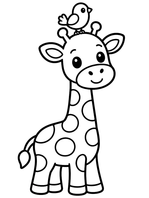Easy Giraffe with a bird on its head coloring page