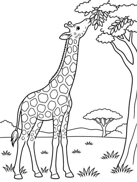 Giraffe stretching for acacia leaves coloring page