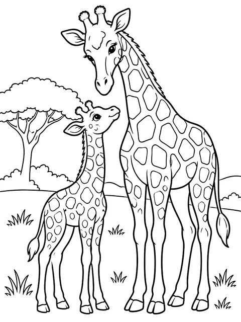 Giraffe calf beside its mother coloring page
