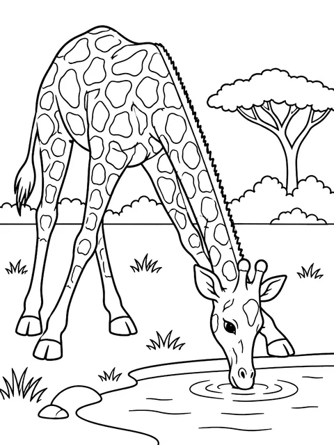 Giraffe bending down to drink coloring page