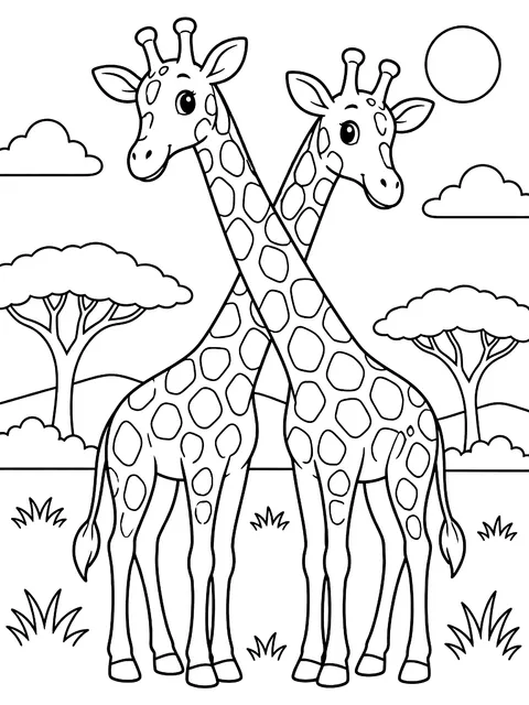 Two giraffes with crossed necks coloring page