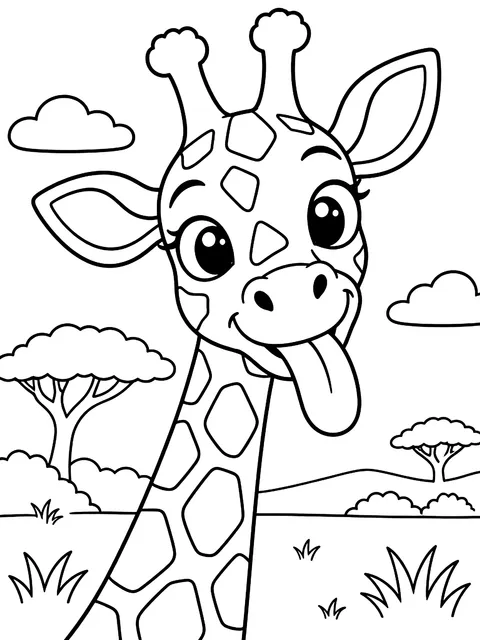 Giraffe sticking out its long tongue coloring page