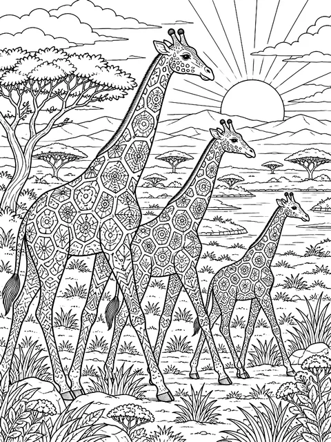 Detailed Giraffes crossing the savanna at sunset coloring page