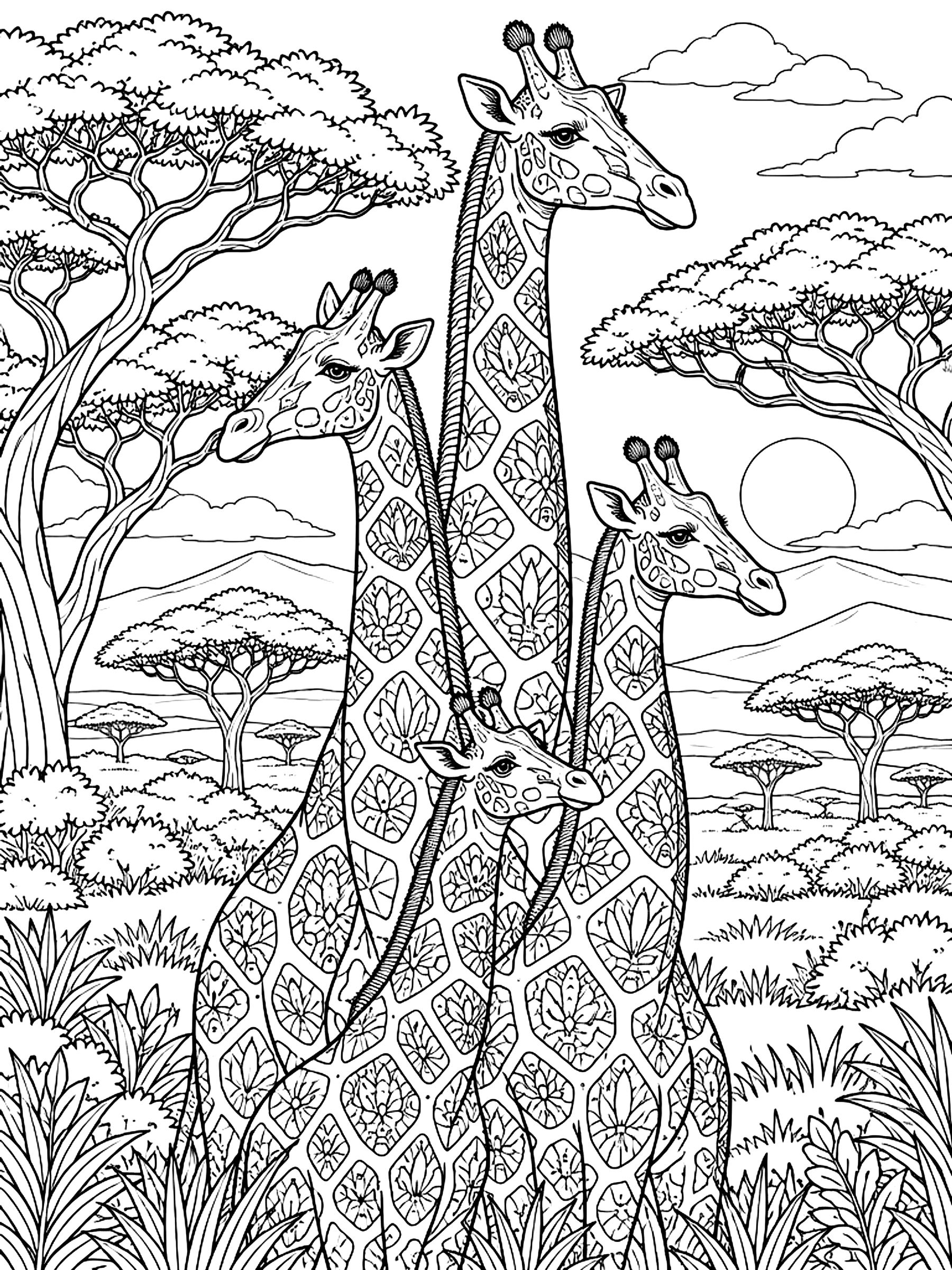 Detailed Tower of giraffes among acacia trees coloring page