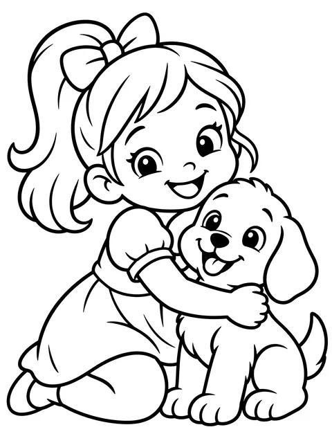 Easy Girl hugging a puppy coloring page