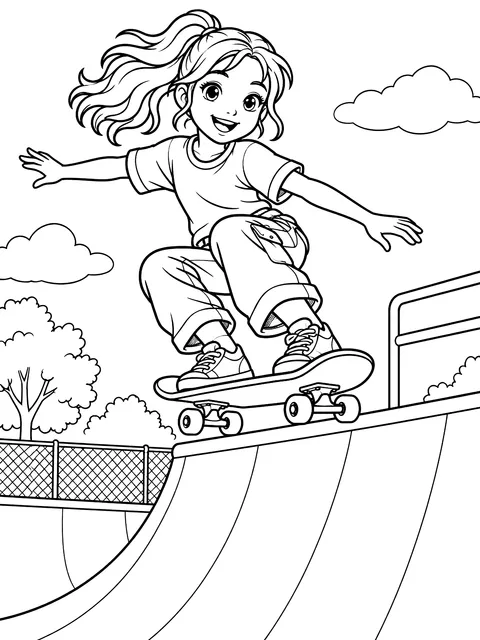 Girl on a skateboard ramp coloring page