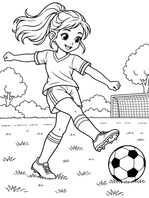 Girl kicking a soccer ball coloring page