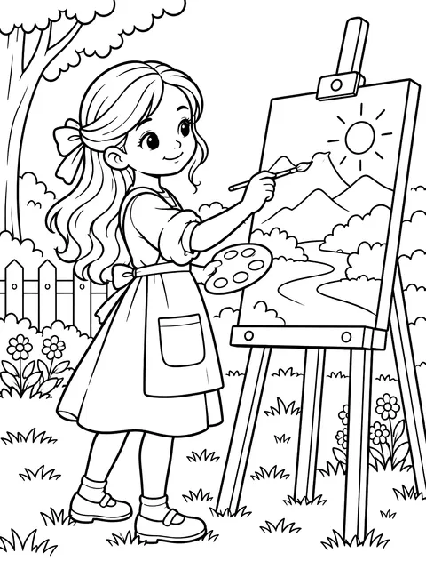 Girl painting at an easel coloring page