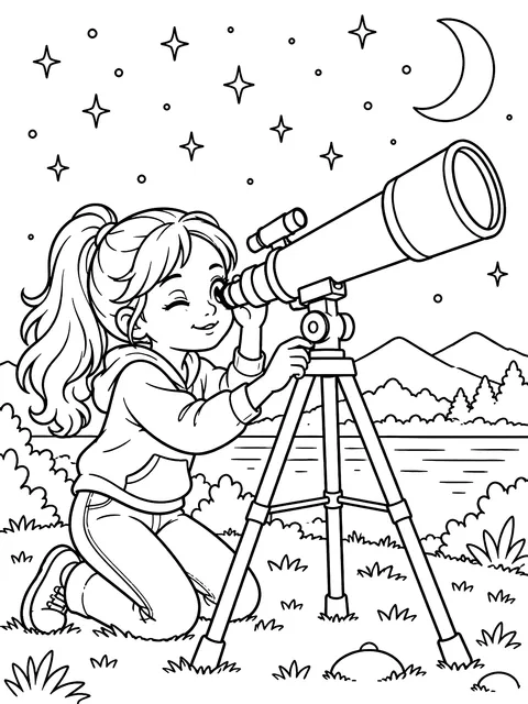 Girl looking through a telescope coloring page
