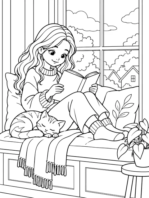 Girl reading in a window seat coloring page
