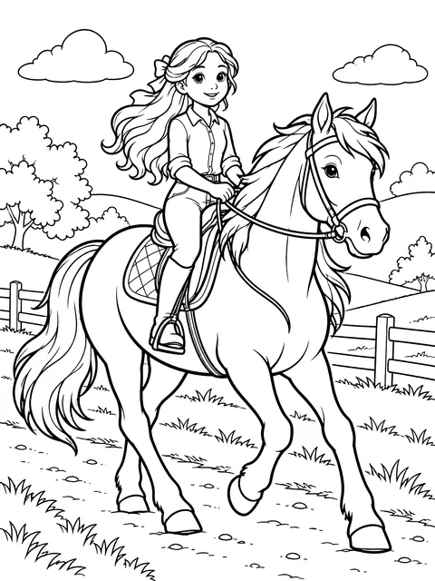 Girl riding a horse coloring page