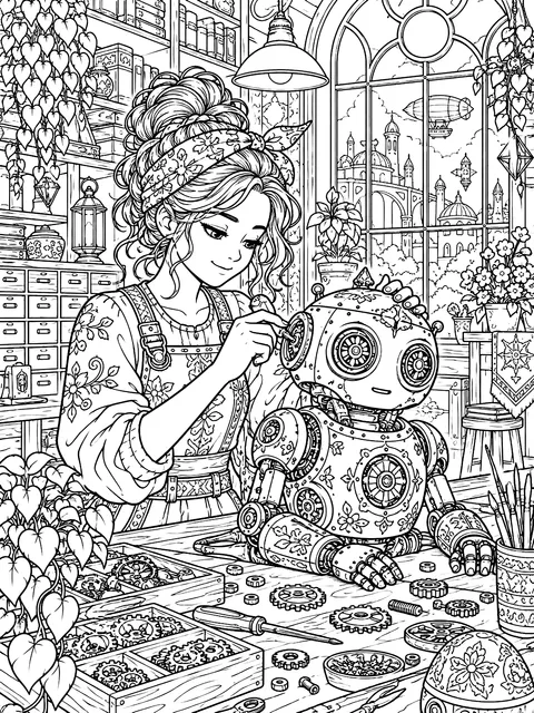 Detailed Girl building a robot coloring page