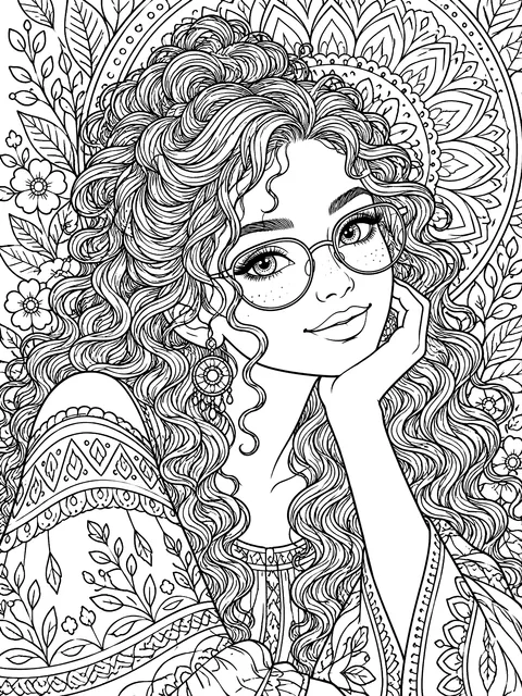 Detailed Portrait with curly hair and glasses coloring page