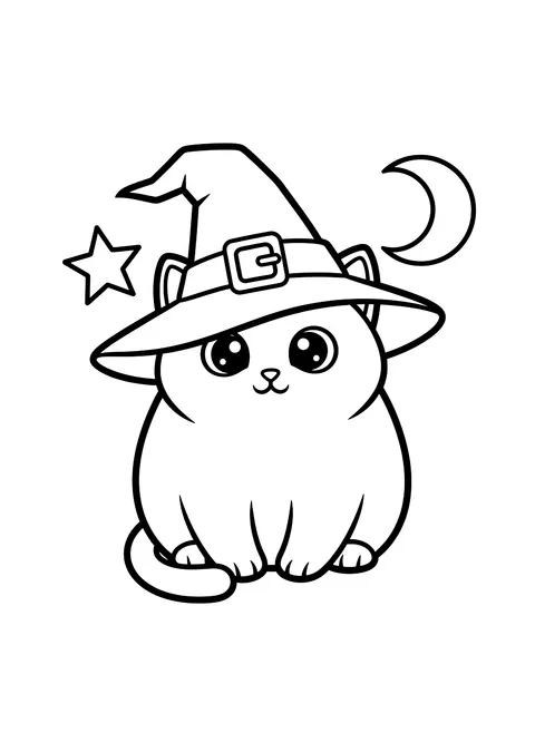 Easy Kitten wearing a witch hat coloring page