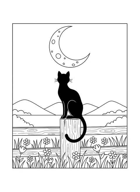 Black cat on a fence under the moon coloring page
