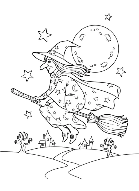 Witch flying on a broomstick coloring page