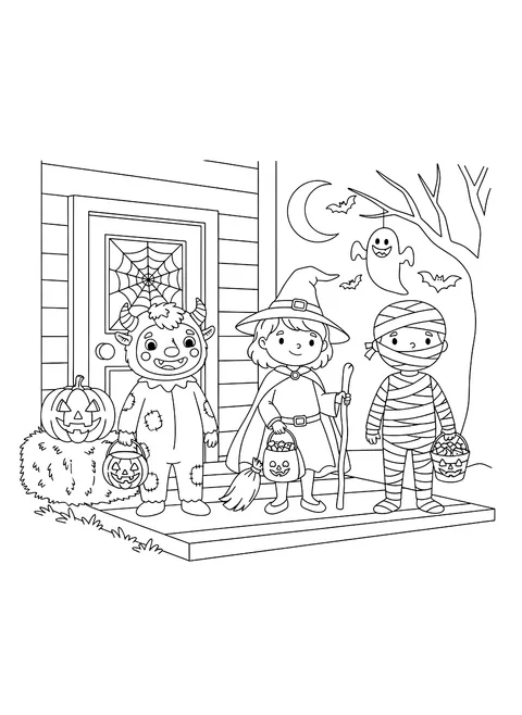 Three trick-or-treaters on a porch coloring page