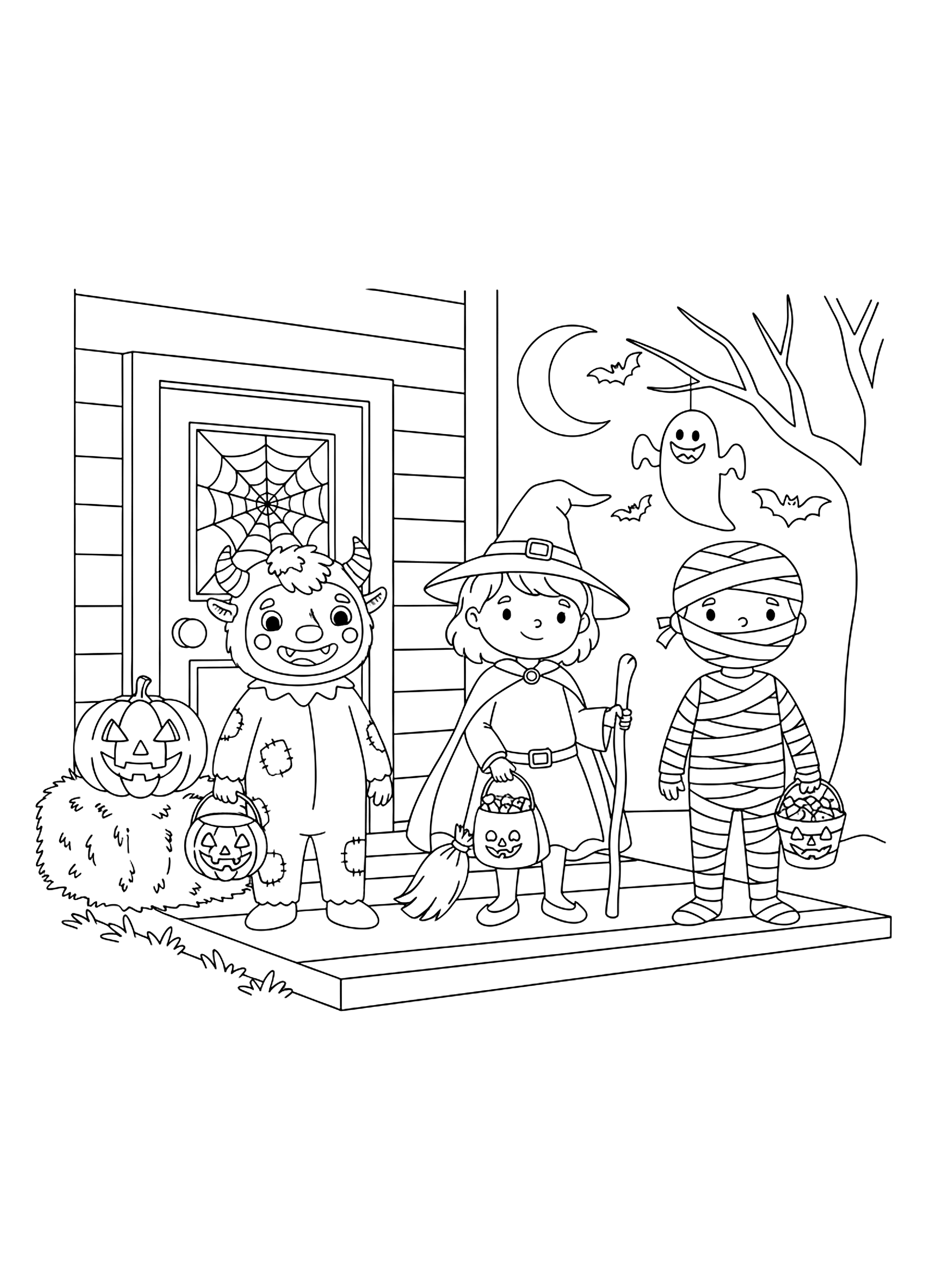 Three trick-or-treaters on a porch coloring page