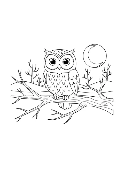 Owl on a bare tree branch coloring page