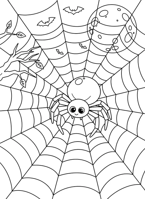 Spider on a big web coloring page