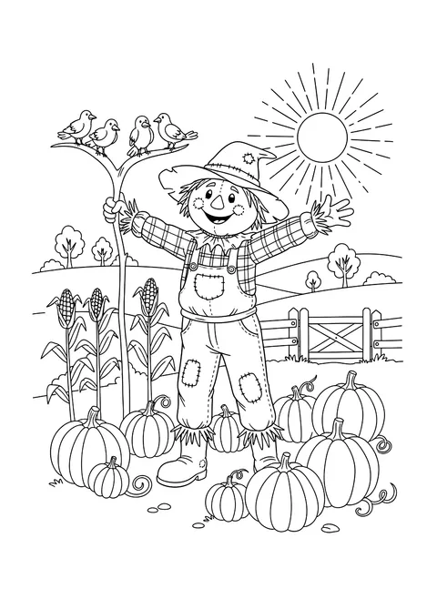 Scarecrow in a pumpkin patch coloring page
