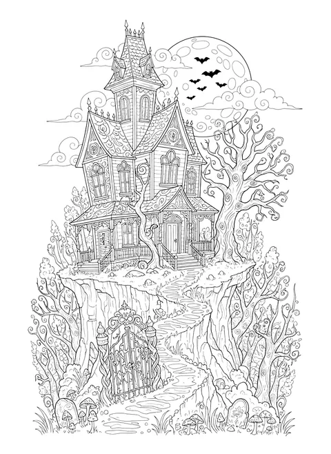 Detailed Haunted house on a hill coloring page