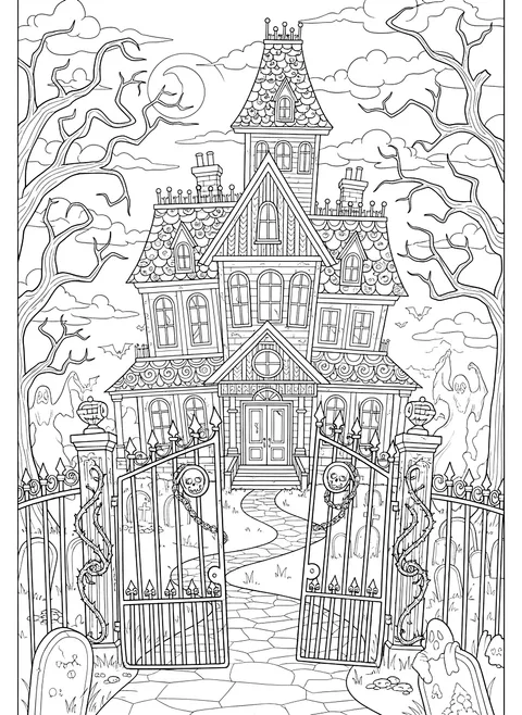 Detailed Haunted mansion behind a creaky gate coloring page