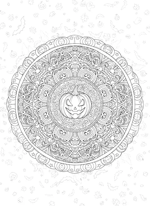 Detailed Halloween mandala with bats and pumpkins coloring page