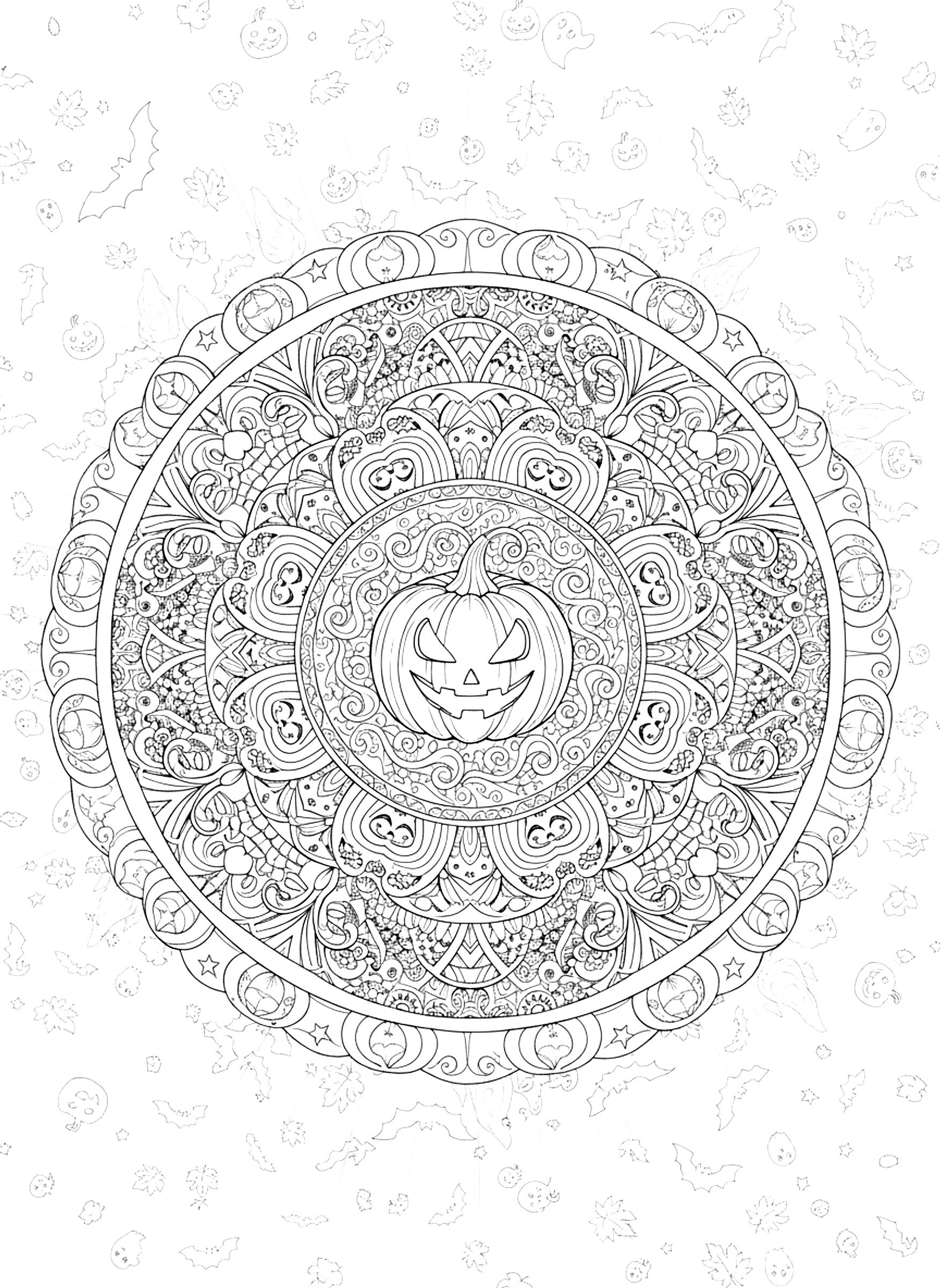 Detailed Halloween mandala with bats and pumpkins coloring page