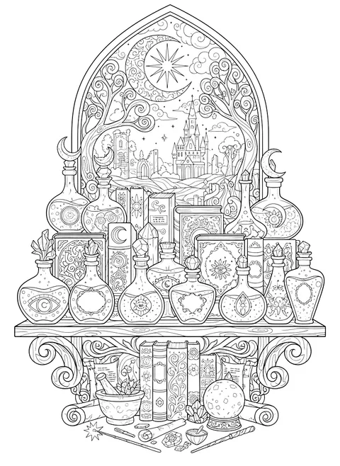 Detailed Shelf of potion bottles and spell books coloring page