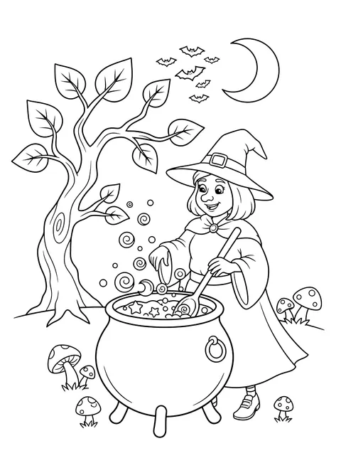 Witch stirring a bubbling cauldron coloring page