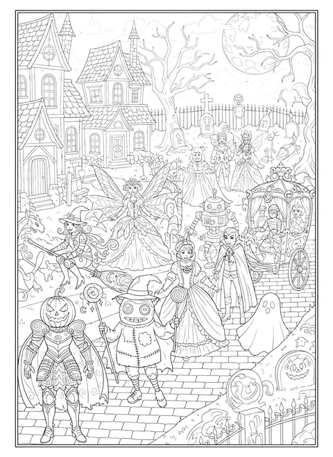 Detailed Halloween costume parade coloring page
