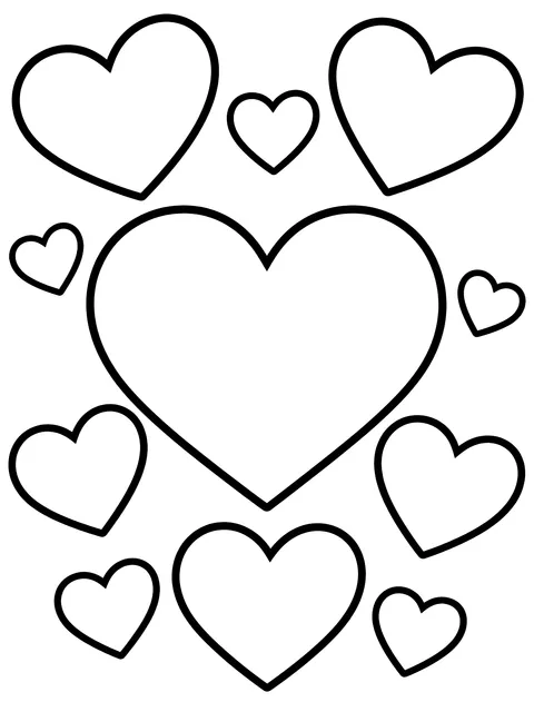 Easy Page of hearts in different sizes coloring page