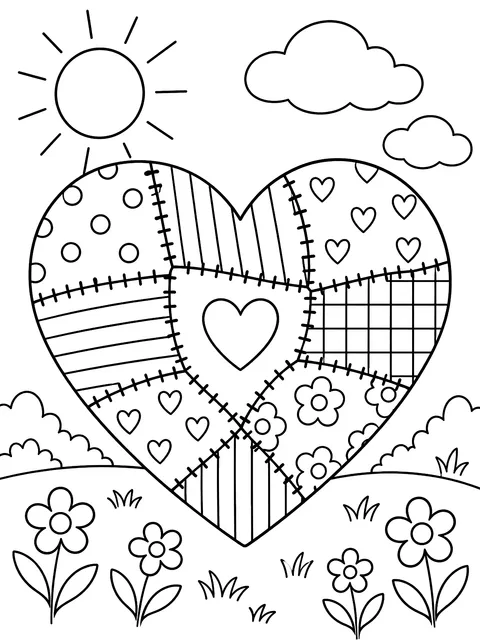 Patchwork heart with stitched sections coloring page